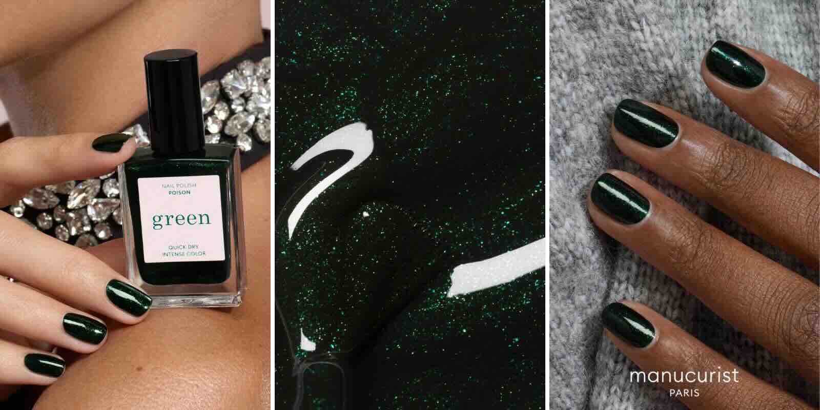 Green Nagellack Poison von Manucurist, schimmerndes Tannengrün mit glänzendem Finish und eleganter Maniküre – L’Officina Paris